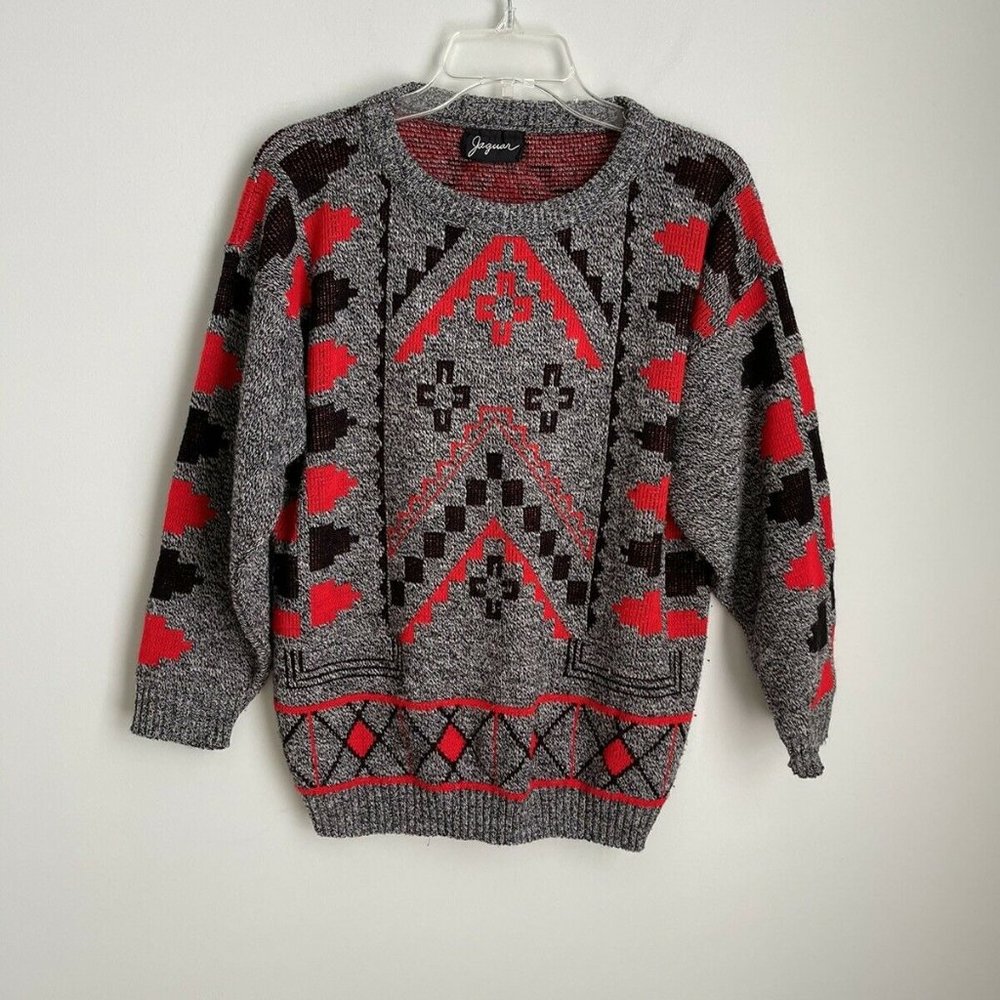 Vintage Jaguar Men's Gray Red Black Knit Sweater Aztec